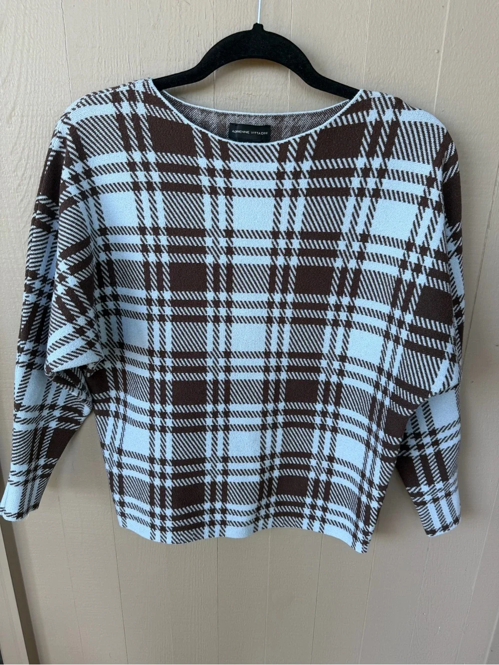 Adrienne Vittadini Plaid 3/4 Sleeve Soft Knit Sweater - Blue/Brown Sz M - Picture 3 of 5